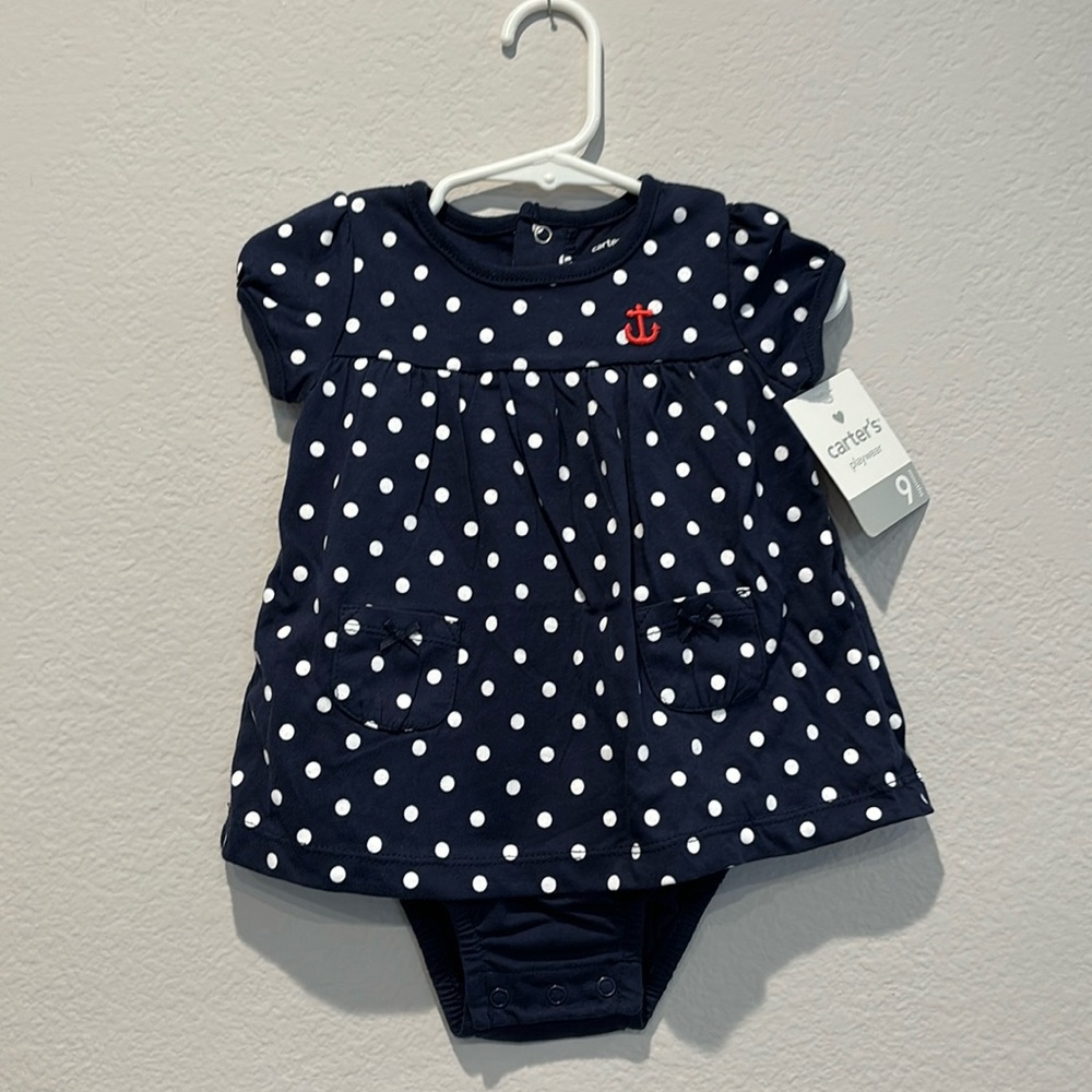 Carter's Infant Girl Size 9 Months Blue & White Polka Dot Anchor Dress NEW